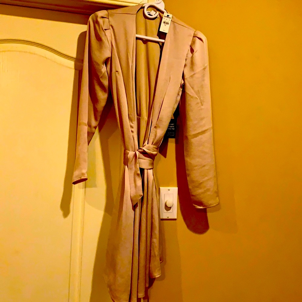 Beautiful champagne wrap dress. Never worn. Falls above knee.